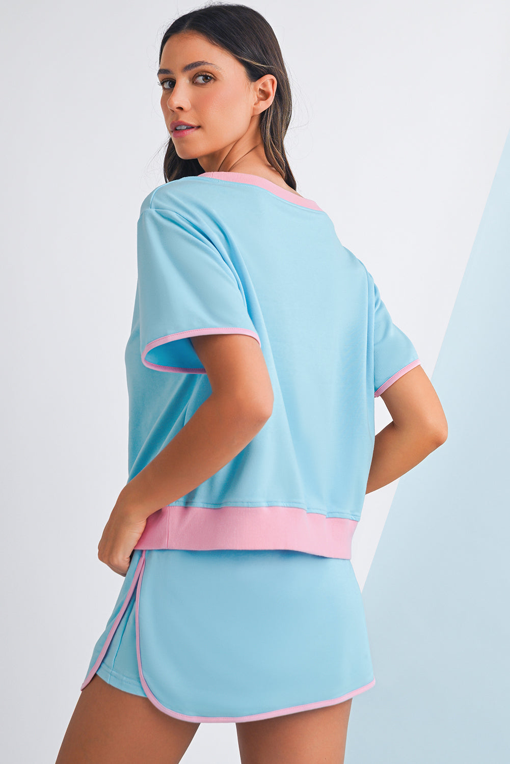 Bonbon Colorblock Edge Drop Shoulder T Shirt and Skort 2Pcs Set