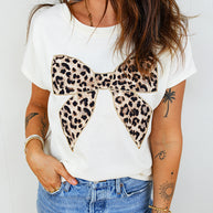 Black Leopard Bow Embroidered Cotton Round Neck T Shirt