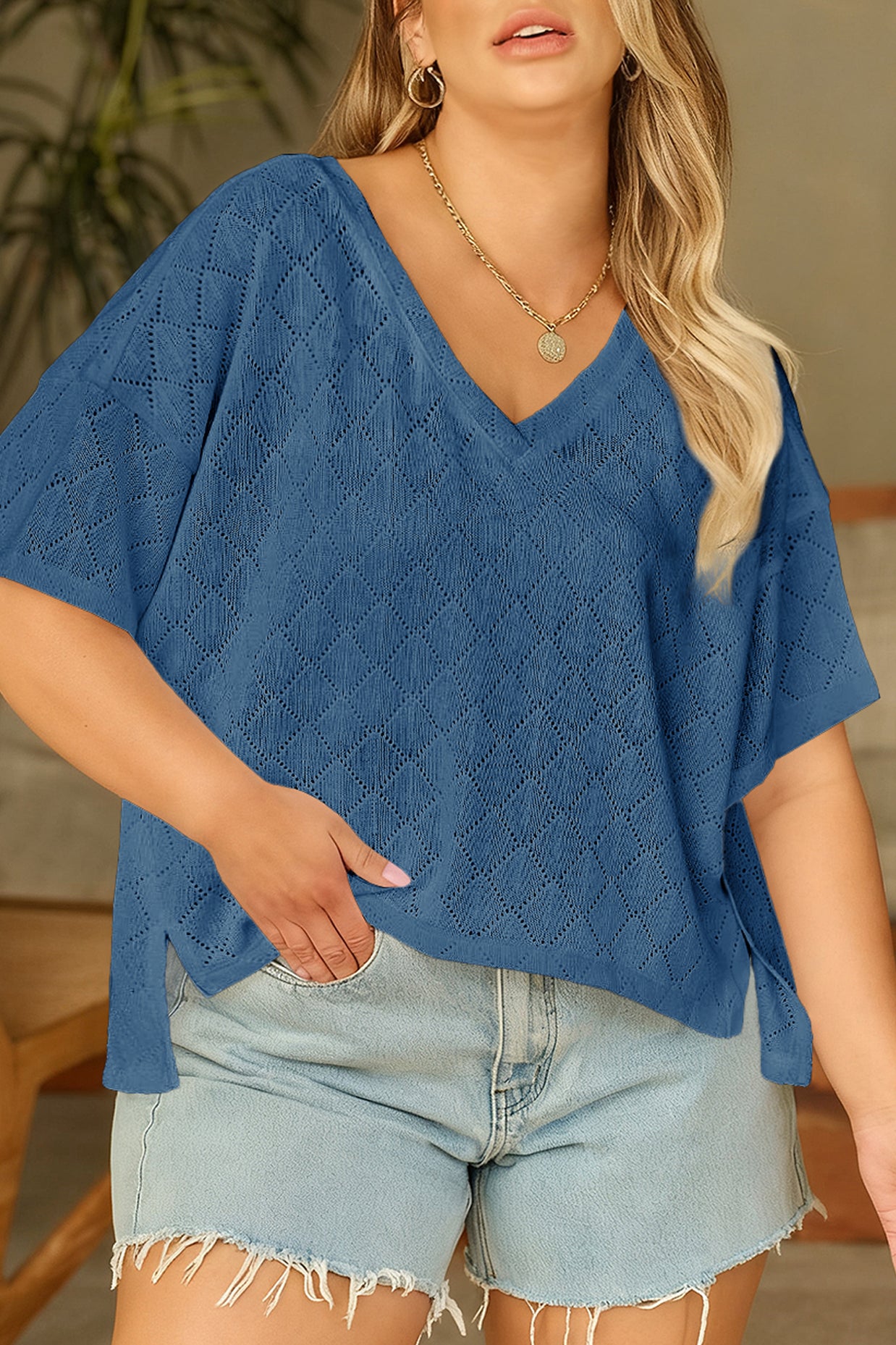 Black Pointelle Rhombus Knit Plus Size V Neck Loose Top