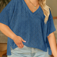 Black Pointelle Rhombus Knit Plus Size V Neck Loose Top