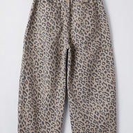Khaki Leopard Print Drawstring Waist Pocketed Wide Leg Jeans