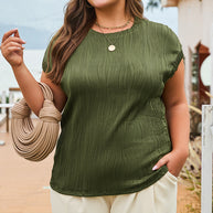 Black Solid Color Wavy Textured Plus Size Tee