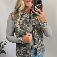 Green Camouflage Print Button Cargo Pocket Button Down Denim Vest