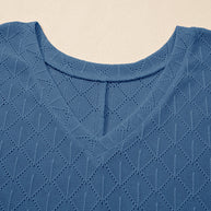 Black Pointelle Rhombus Knit Plus Size V Neck Loose Top