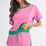 Bonbon Colorblock Edge Drop Shoulder T Shirt and Skort 2Pcs Set