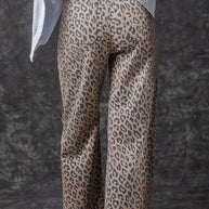 Khaki Leopard Print Drawstring Waist Pocketed Wide Leg Jeans