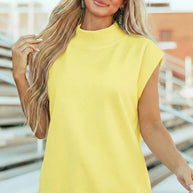Yellow Solid Color High Neck Cap Sleeve Loose Top