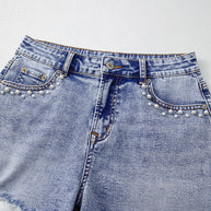 Beau Blue Pearl Studded Pocket Raw Hem Denim Shorts
