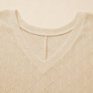 Black Pointelle Rhombus Knit Plus Size V Neck Loose Top