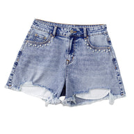Beau Blue Pearl Studded Pocket Raw Hem Denim Shorts