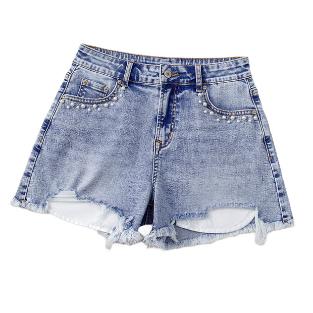Beau Blue Pearl Studded Pocket Raw Hem Denim Shorts