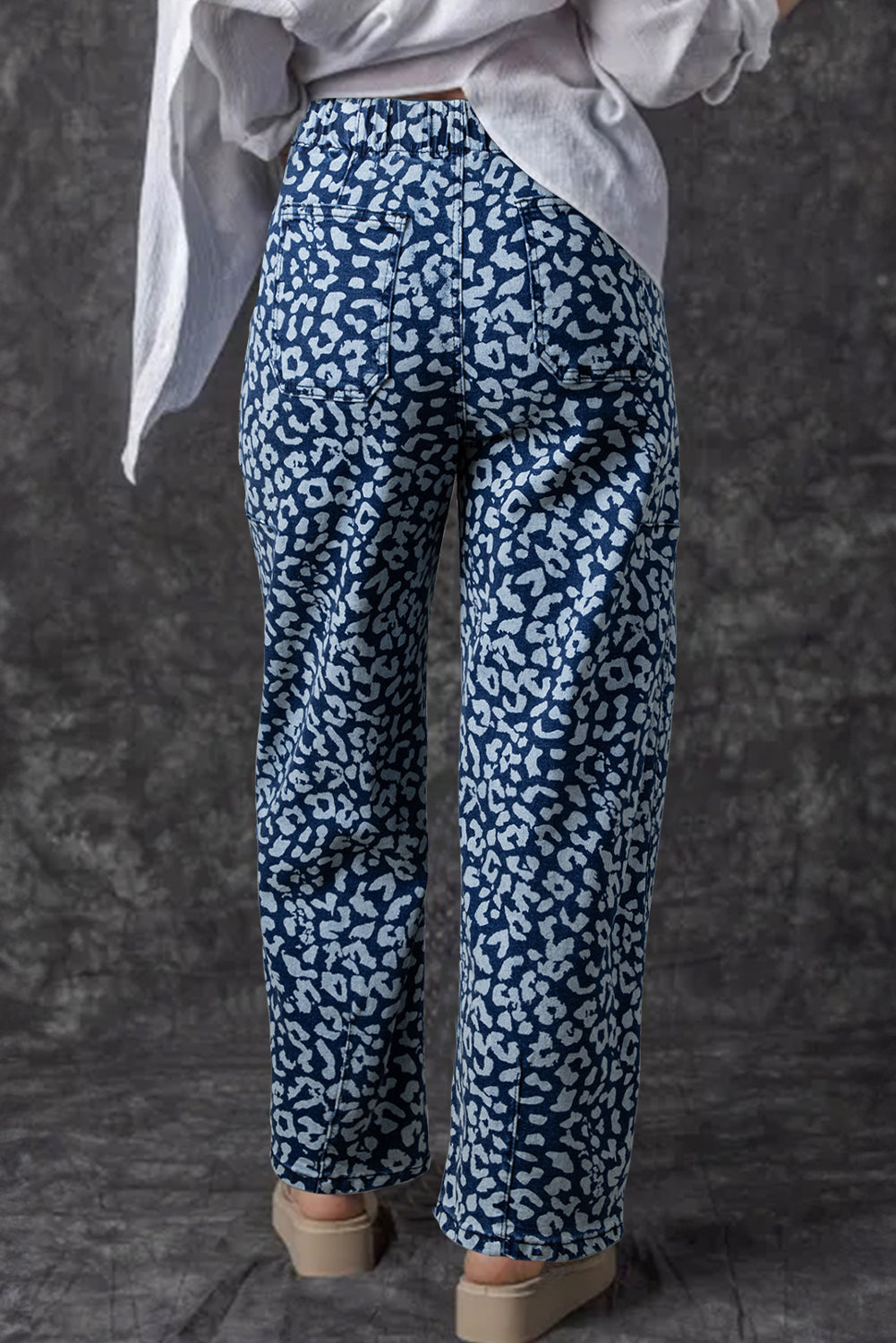 Khaki Leopard Print Drawstring Waist Pocketed Wide Leg Jeans