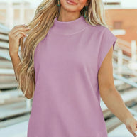 Yellow Solid Color High Neck Cap Sleeve Loose Top