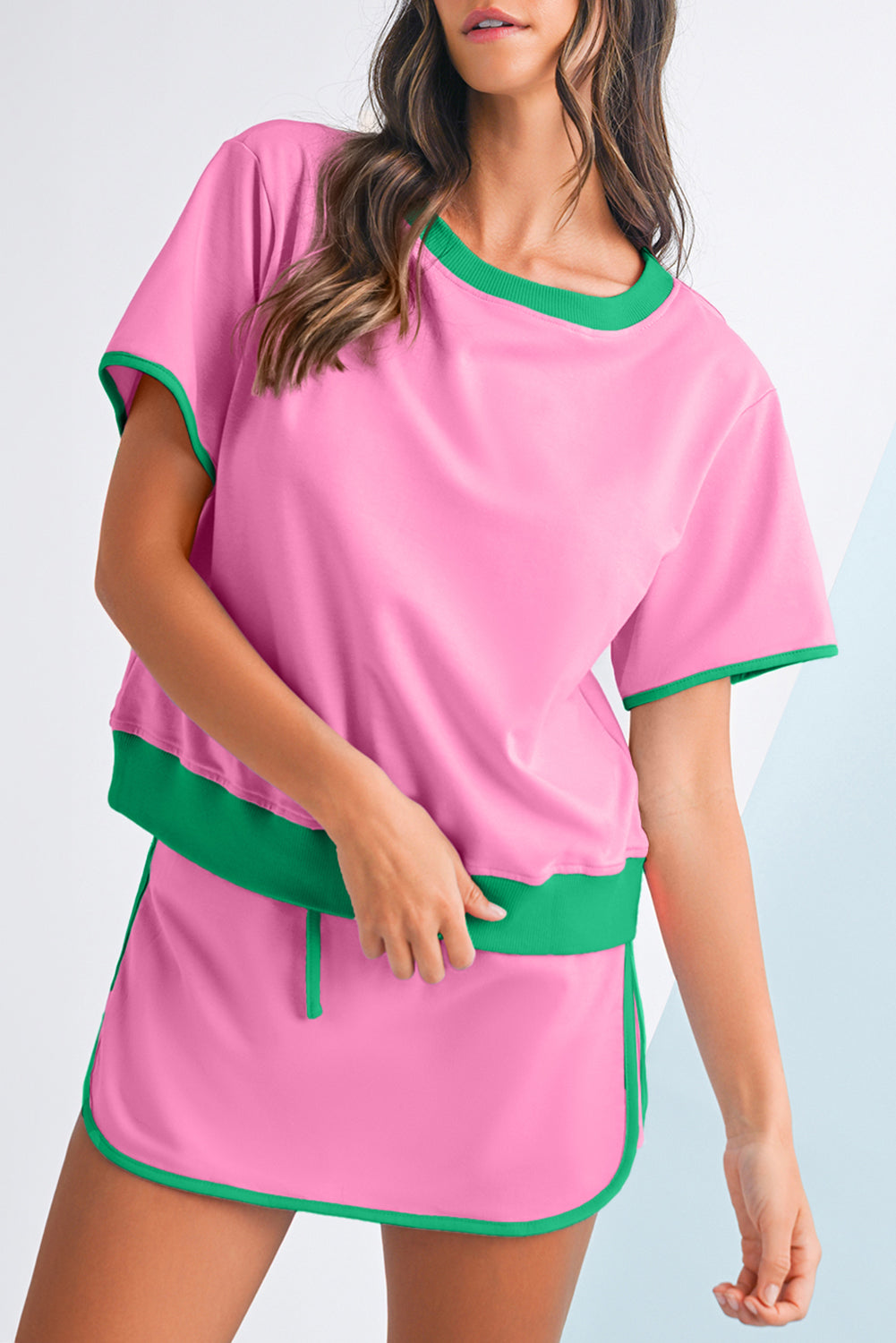 Bonbon Colorblock Edge Drop Shoulder T Shirt and Skort 2Pcs Set