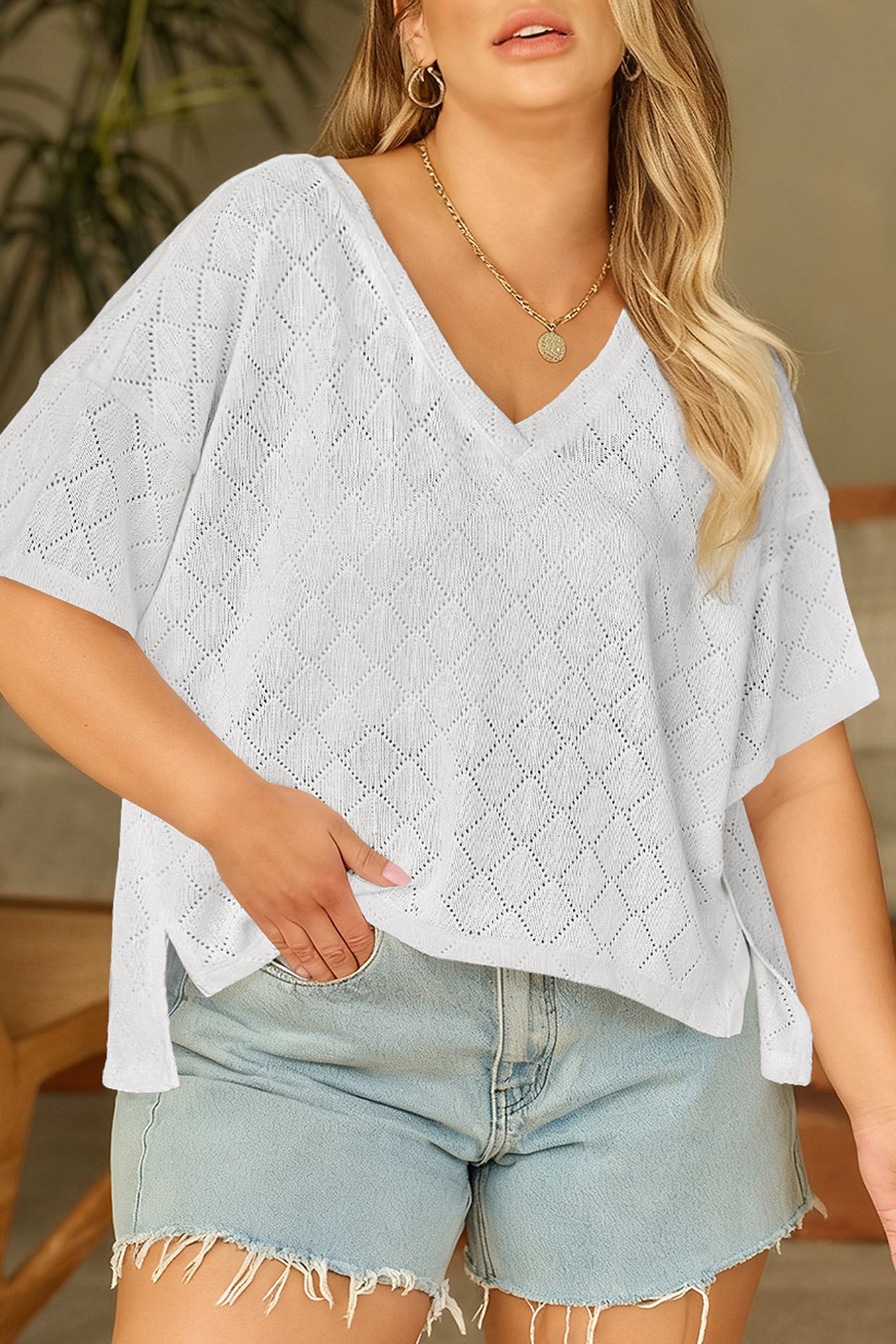 Black Pointelle Rhombus Knit Plus Size V Neck Loose Top