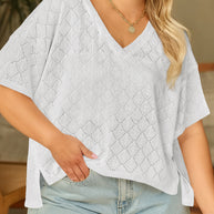 Black Pointelle Rhombus Knit Plus Size V Neck Loose Top