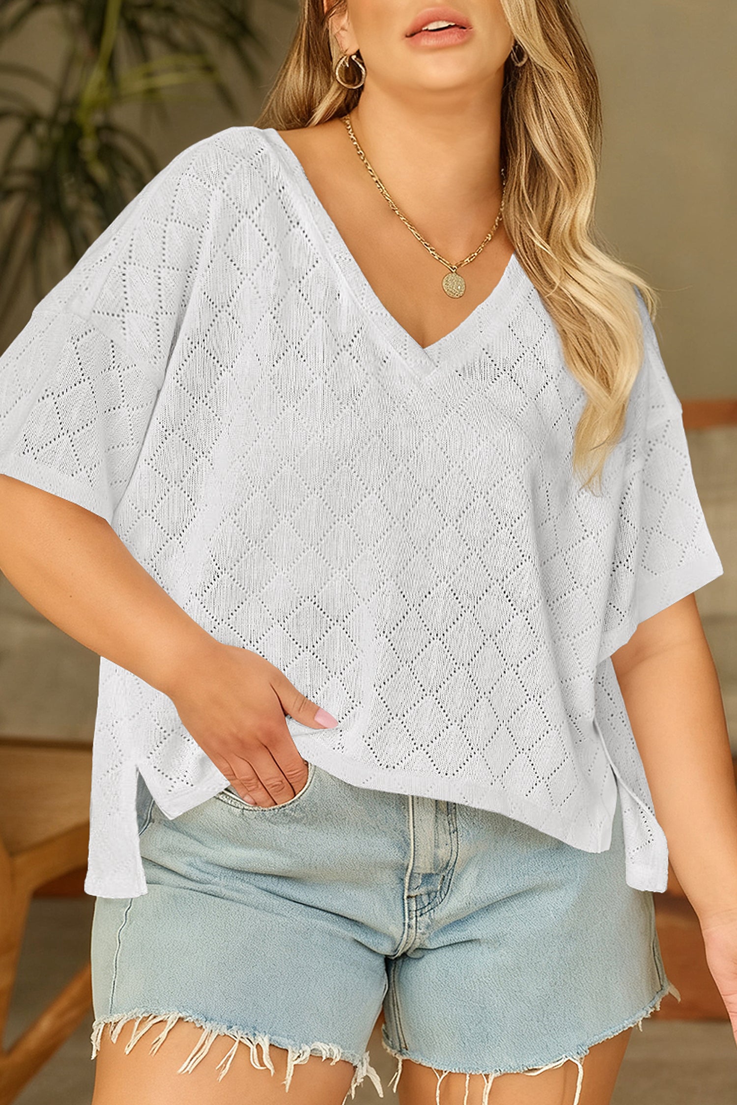 Black Pointelle Rhombus Knit Plus Size V Neck Loose Top