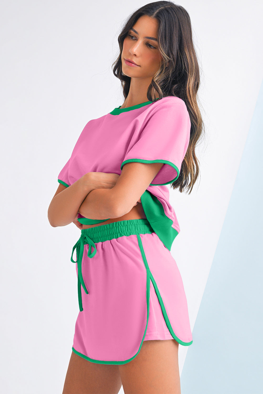 Bonbon Colorblock Edge Drop Shoulder T Shirt and Skort 2Pcs Set