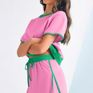 Bonbon Colorblock Edge Drop Shoulder T Shirt and Skort 2Pcs Set