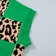 Green Plus Size Leopard Contrasted Checkered Short Sleeve Sweater