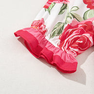 Rose Plus Size Floral Print Frill Neck Short Sleeve Blouse