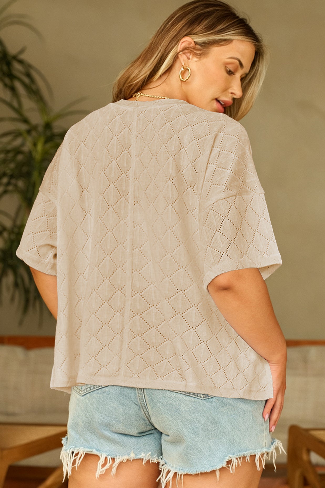 Black Pointelle Rhombus Knit Plus Size V Neck Loose Top