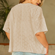 Black Pointelle Rhombus Knit Plus Size V Neck Loose Top