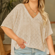 Black Pointelle Rhombus Knit Plus Size V Neck Loose Top