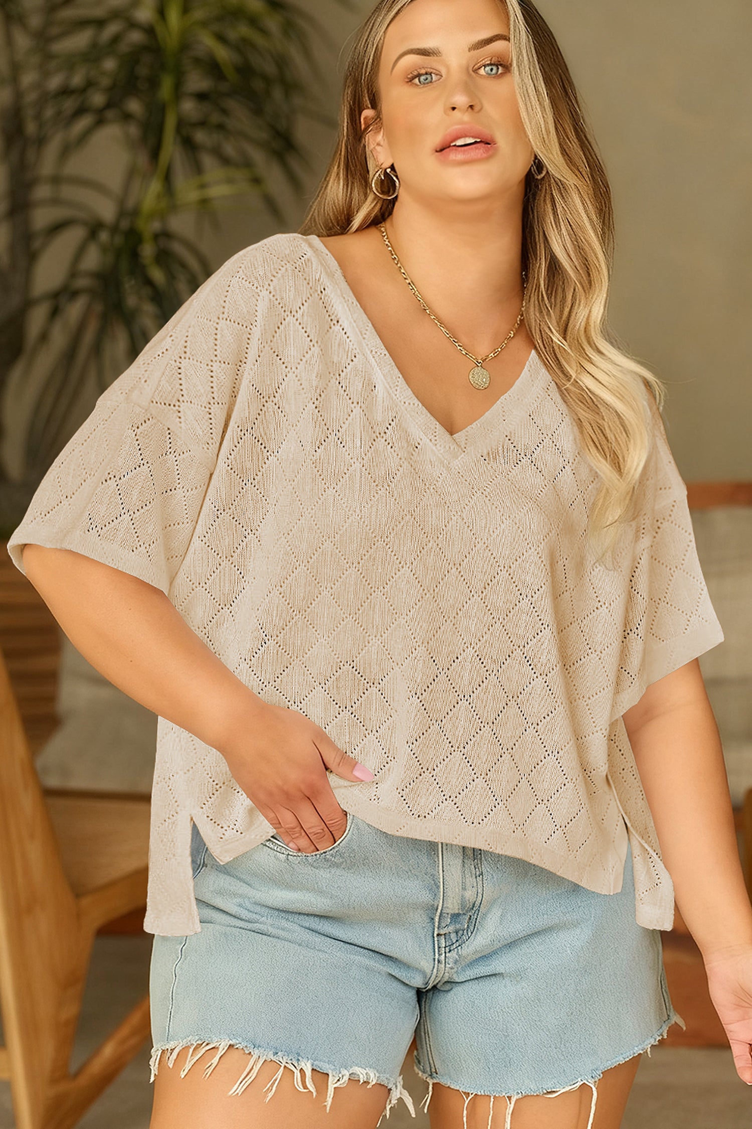Black Pointelle Rhombus Knit Plus Size V Neck Loose Top