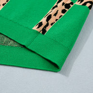 Green Plus Size Leopard Contrasted Checkered Short Sleeve Sweater