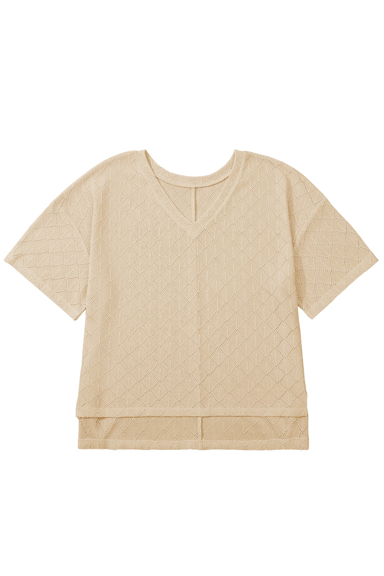 Black Pointelle Rhombus Knit Plus Size V Neck Loose Top