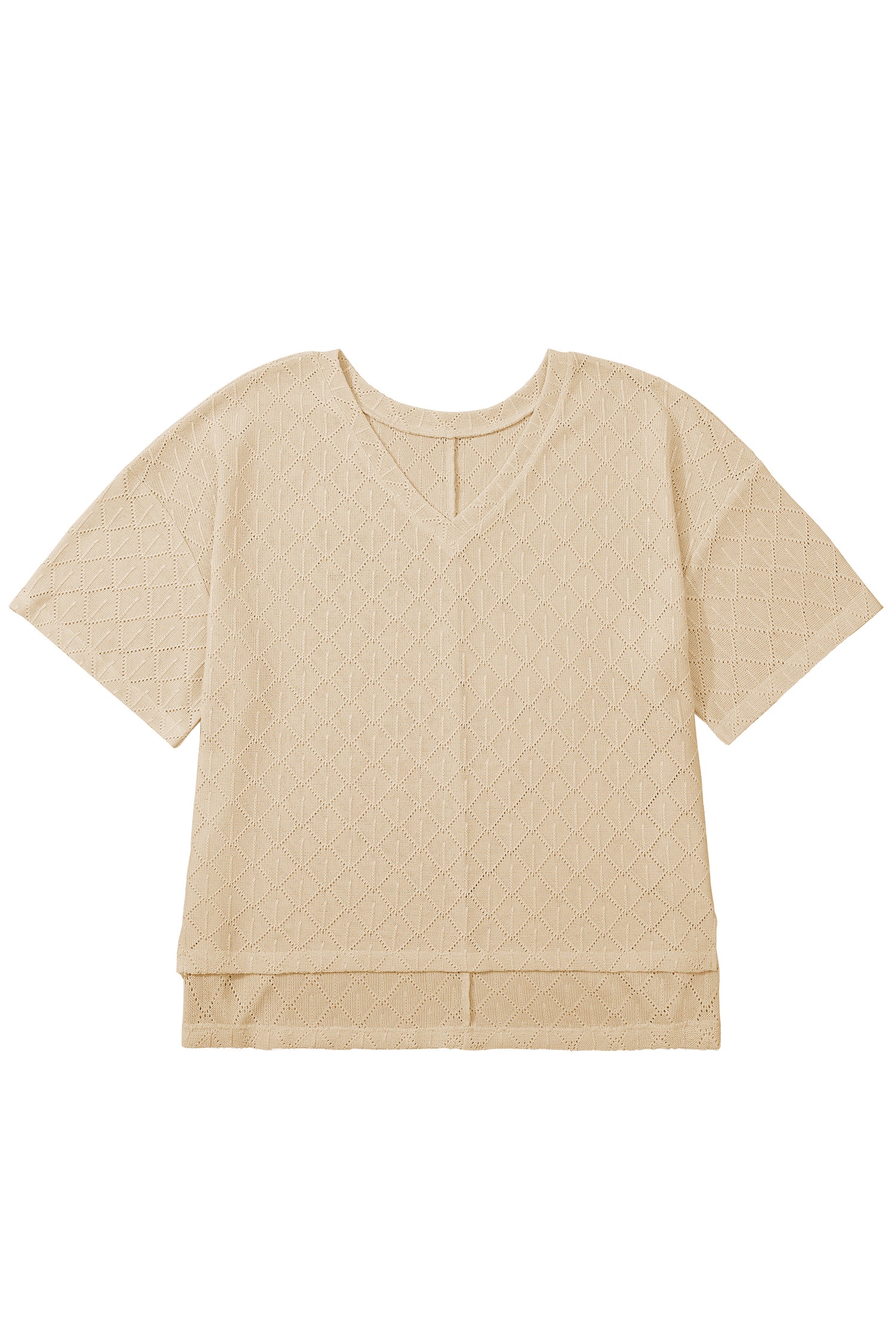 Black Pointelle Rhombus Knit Plus Size V Neck Loose Top