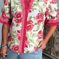 Rose Plus Size Floral Print Frill Neck Short Sleeve Blouse