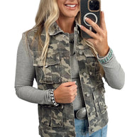 Green Camouflage Print Button Cargo Pocket Button Down Denim Vest