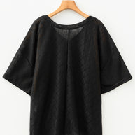 Black Pointelle Rhombus Knit Plus Size V Neck Loose Top
