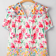 Pink Plus Size Floral Print Striped Trim V Neck Blouse