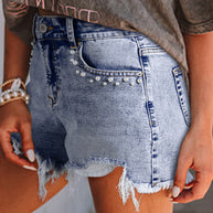 Beau Blue Pearl Studded Pocket Raw Hem Denim Shorts